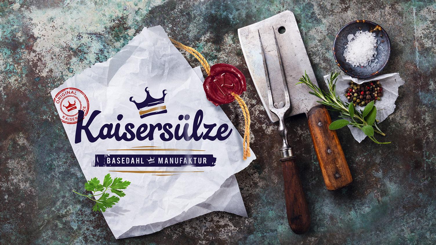 Logo, Stimmungsbild mit Gabel und Beil und Gewürzen